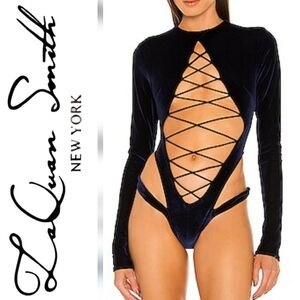 LaQuan Smith Lace-up Velvet-effect Bodysuit In Blue
